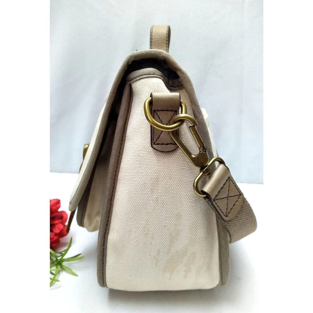 Fossil Long Live Vintage 54 Ivory Canvas Turnlock Flap Messenger Crossbody Bag